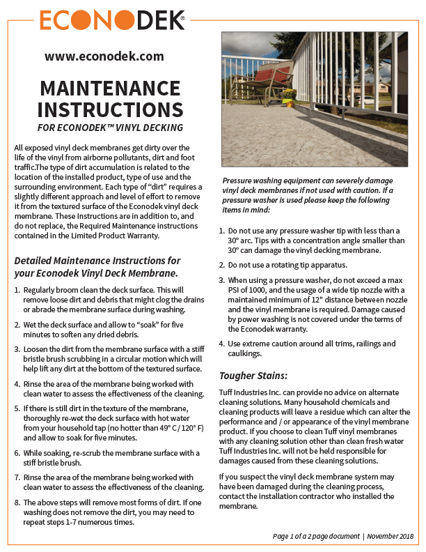 Econodek Vinyl Decking Maintenance Instructions