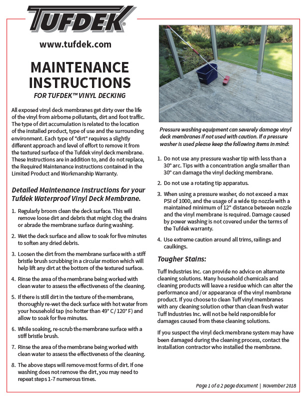 Tufdek Vinyl Decking Maintenance Instructions