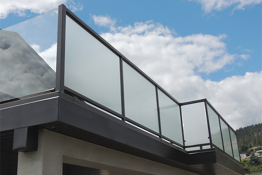 5mil Black Aluminum Frosted Glass Railing on Upper Residential Deck