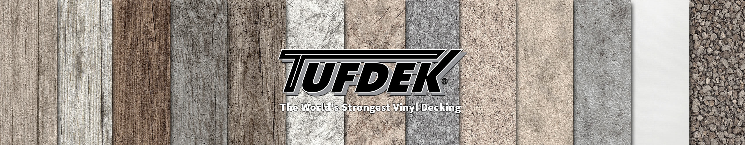 Samples of vinyl flooring patterns and colours with the Tufdek logo